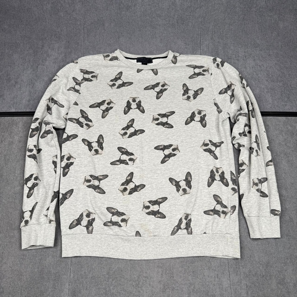 21 Men Boston Terrier Dog Print Sweatshirt Gray Fleece Pullover Large Y2k